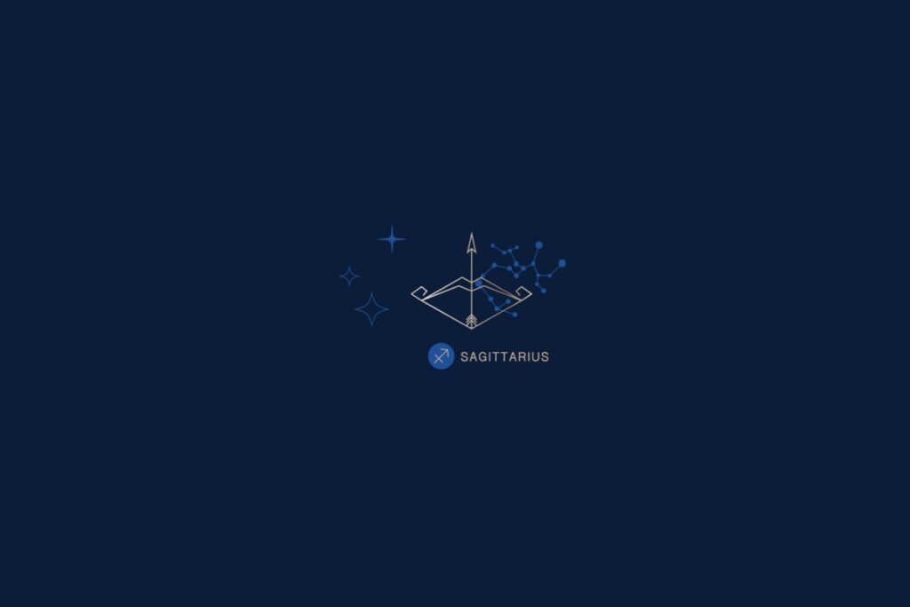 Ilustração de um arco e flecha, rodeado por estrelas, com o nome e a constelação do signo de sagitário, em um fundo azul-escuro