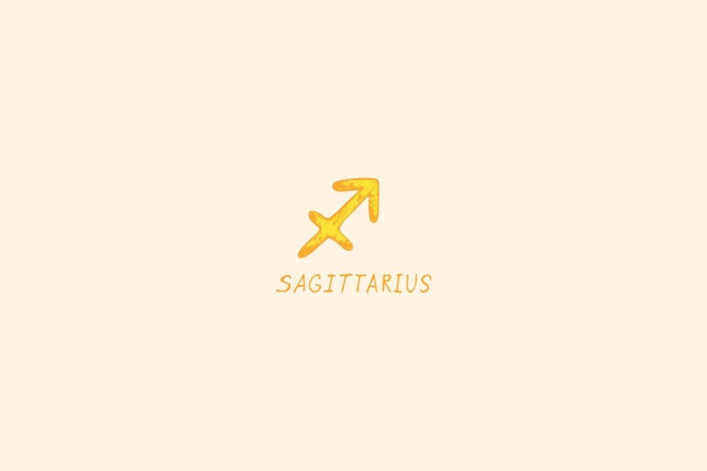 símbolo do signo de Sagitário em dourado sobre fundo bege claro, com o nome “SAGITTARIUS” abaixo
