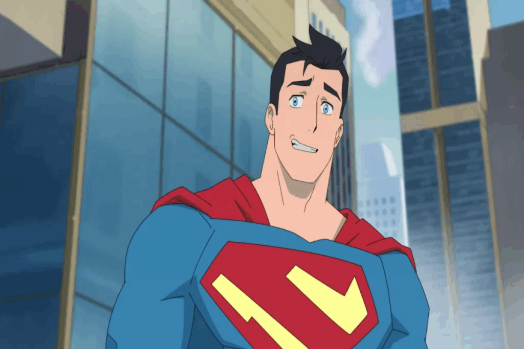 Ilustração do jovem Superman usando o uniforme na cidade