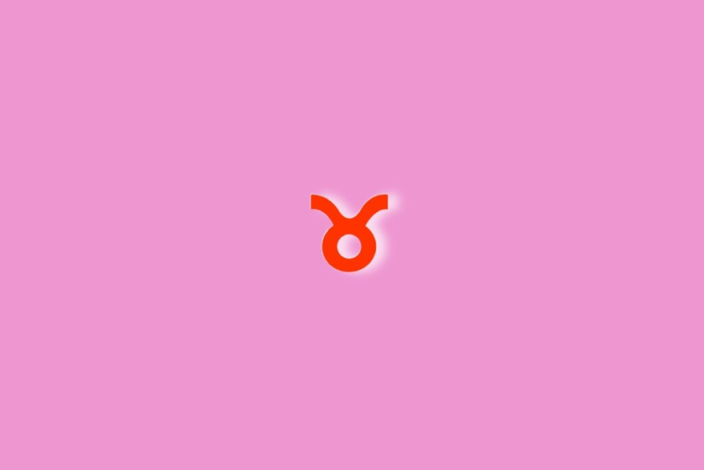Fundo rosa com o símbolo do signo de touro em vermelho no centro da imagem. Luz branca ao redor dele