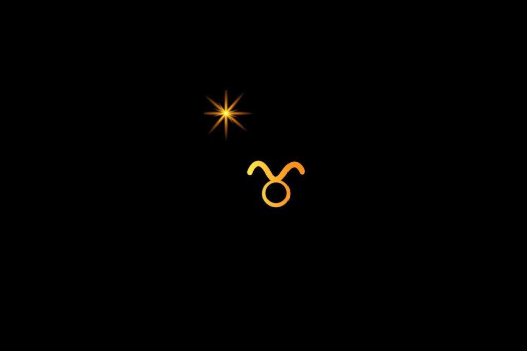 Ilustração do signo de touro em amarelo, em um fundo preto, com uma estrela do lado esquerdo superior
