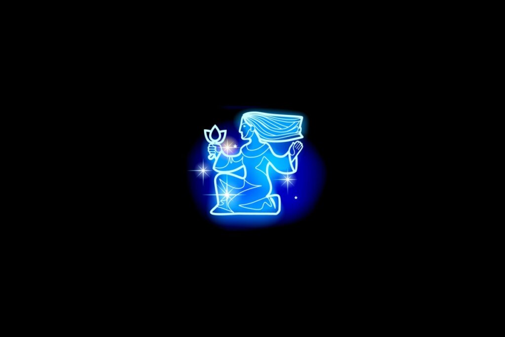 Ilustração do signo de virgem em azul sobre um fundo preto