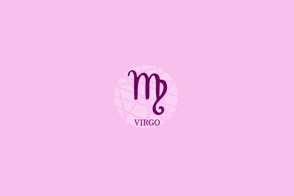 Ilustração do signo de Virgem (M com perna curva) em um fundo roxo-claro
