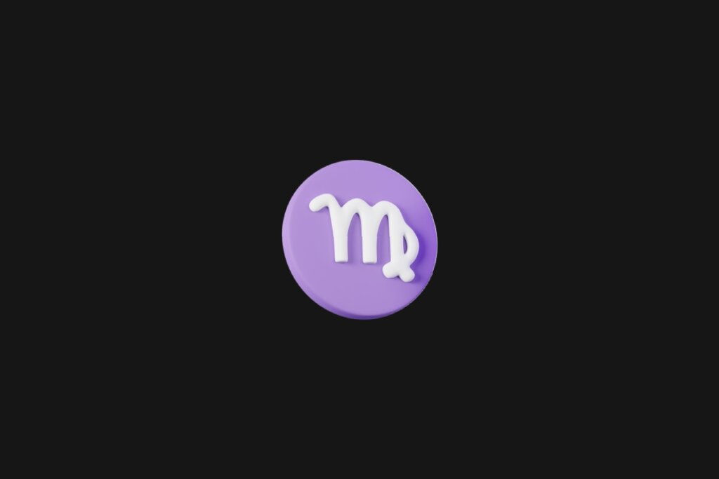 Ilustração do signo de virgem em um círculo roxo e em cima de um fundo preto