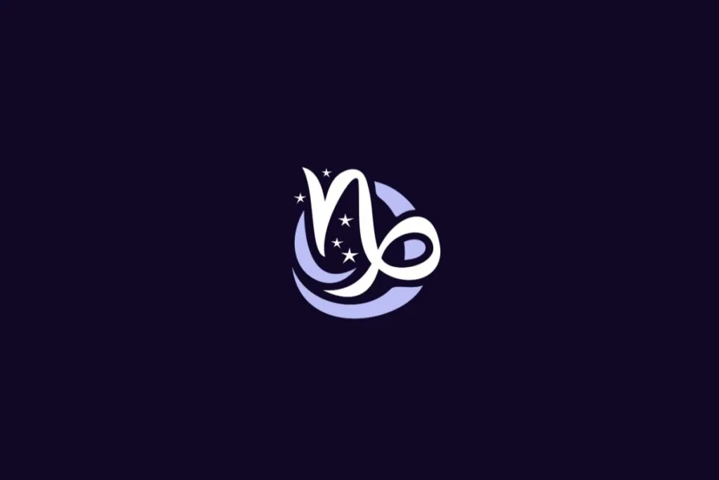 Ilustração do signo de Capricórnio, com símbolo curvado em forma de “n” que se transforma em uma espiral no final, cercado por quatro estrelas, em fundo roxo-escuro