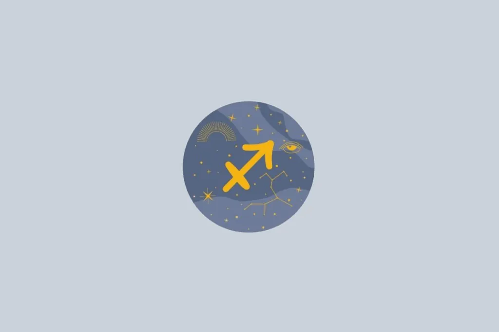 Ilustração do signo de Sagitário, contendo o símbolo dourado em forma de flecha sobre uma cruz, em fundo cinza-claro