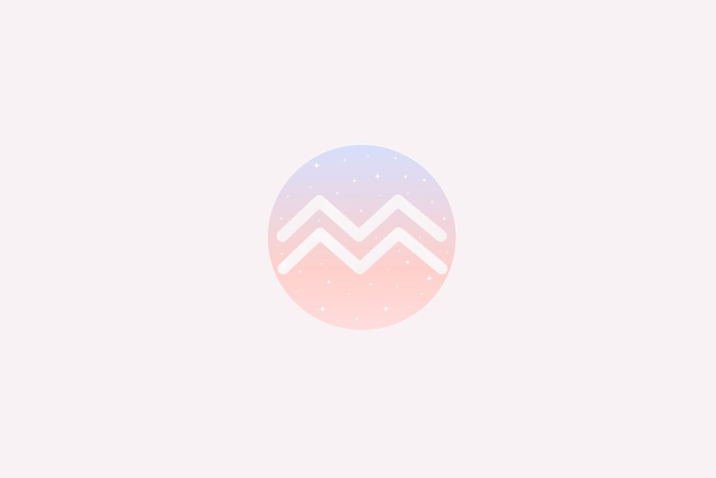 Ilustração do signo de Aquário com duas linhas onduladas brancas paralelas, em fundo suave com tons pastel e pontos brilhantes