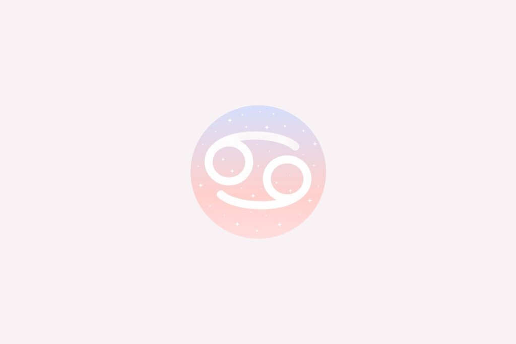Ilustração do signo de Câncer com dois semicírculos opostos formando um “69” deitado, em fundo rosa e azul com estrelas