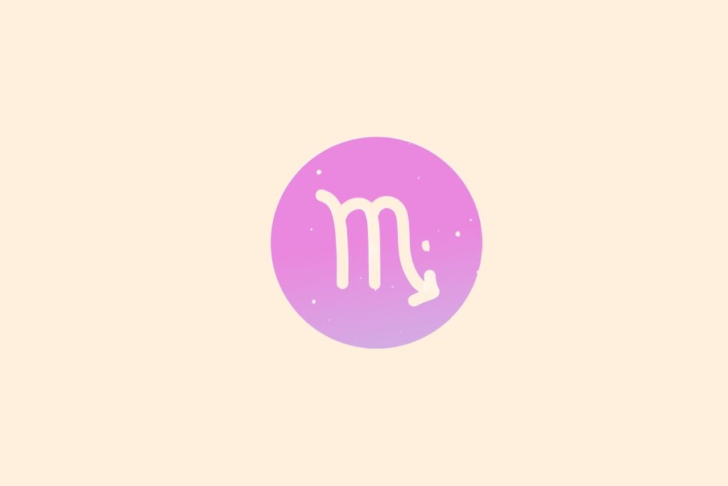 Ilustração do signo de Escorpião contendo símbolo em forma de letra M com seta na extremidade direita em círculo com gradiente lilás em fundo bege-amarelado