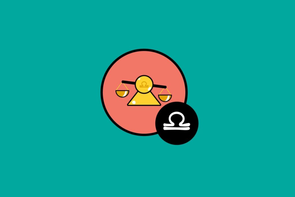 Ilustração do signo de Libra, em fundo verde-azulado, contendo uma balança amarela centralizada em um círculo avermelhado e o símbolo astrológico em um círculo preto