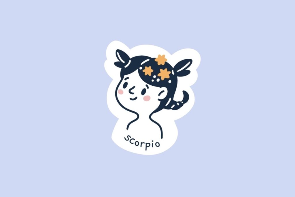 Ilustração do signo de Escorpião, contendo uma criança de cabelos escuros amarrados em trança com pequenas garras e estrelas alaranjadas sobre a cabeça, em fundo azul-claro