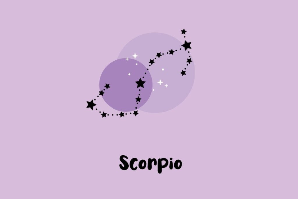 Ilustração da constelação do signo de Escorpião com pontos conectando estrelas sobre fundo lilás