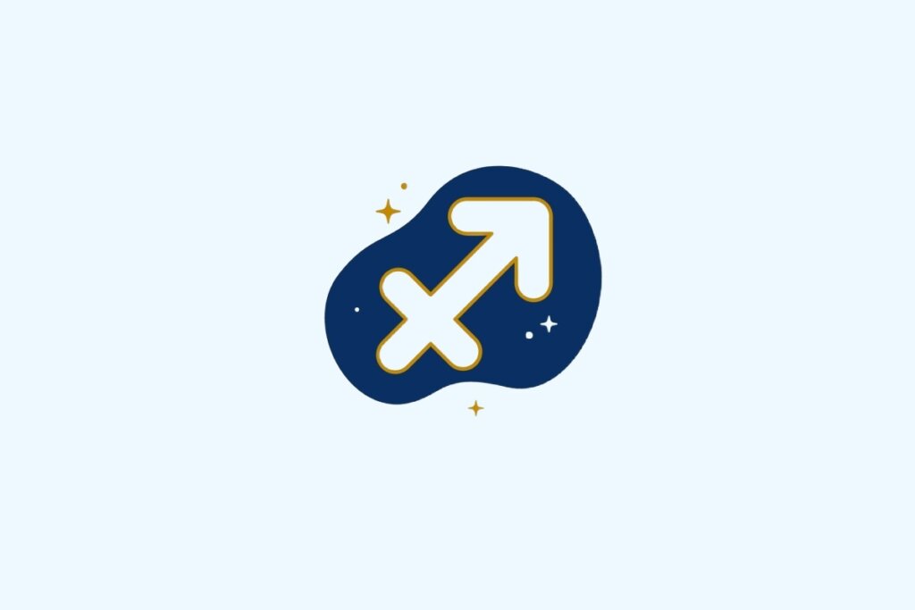 Ilustração do signo de Sagitário contendo símbolo de arco e flecha em azul-claro e dourado sobre fundo azul-claro