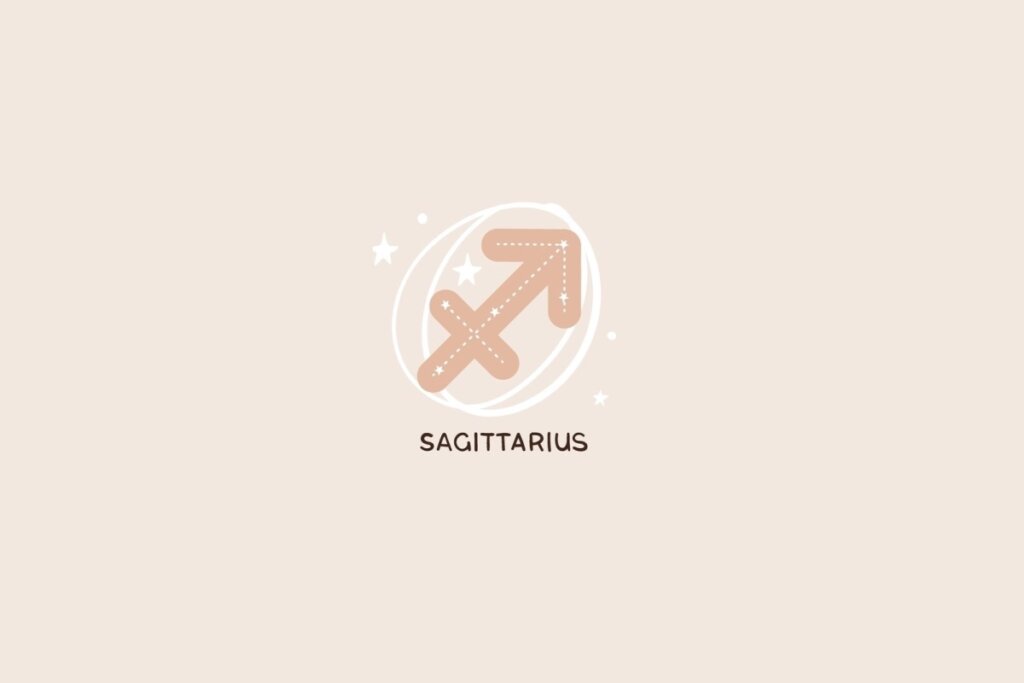 Ícone do signo de Sagitário em tom bege, com uma seta apontando para cima à direita, traços pontilhados e detalhes de estrelas sobre um fundo claro