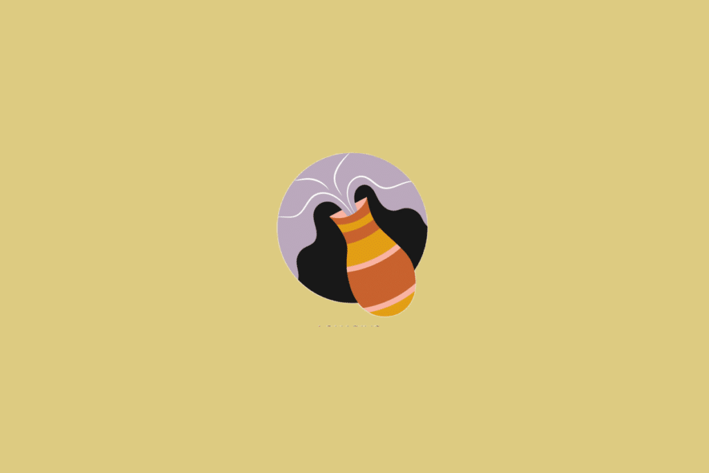 Ilustração estilizada de um vaso de cerâmica inclinado vertendo linhas brancas que simulam água, inserida em um círculo roxo sobre um fundo amarelo-claro.