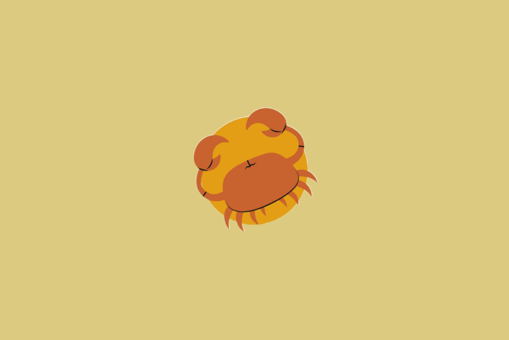 Ilustração estilizada de um caranguejo amarelo e laranja visto de cima com as patas recolhidas, desenhado em formato circular sobre um fundo amarelo-claro.