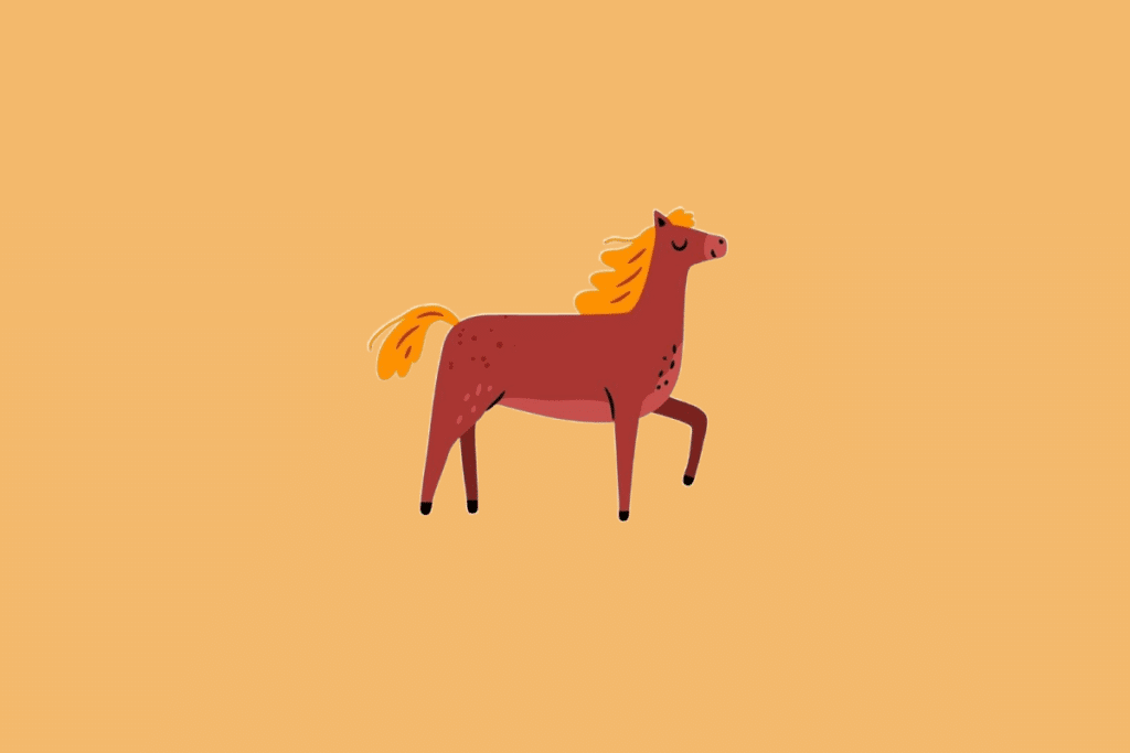Ilustração minimalista de um cavalo de cor avermelhada com crina e cauda amarelas, sobre um fundo sólido bege-alaranjado.