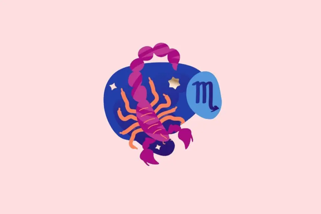 Ilustração do signo de Escorpião em estilo plano. Ao centro, o símbolo do glifo do signo em azul sobre um fundo abstrato azul-escuro, adornado pelo desenho estilizado de um escorpião em tons de rosa e pernas laranjas, cercado por pequenas estrelas douradas. O fundo geral da imagem é rosa claro.