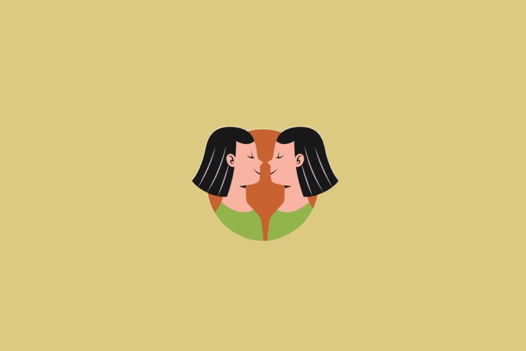 Ilustração estilizada de duas mulheres idênticas de perfil, posicionadas de frente uma para a outra com os narizes quase se tocando, inserida em um círculo sobre um fundo amarelo-claro.