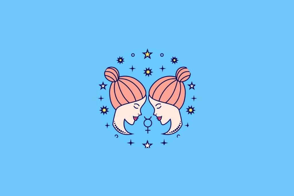 ilustração do signo de Gêmeos em fundo azul, seguindo o mesmo estilo visual dos demais signos. A imagem traz uma representação simbólica do signo com traços sutis e delicados, em uma composição centralizada e harmoniosa.