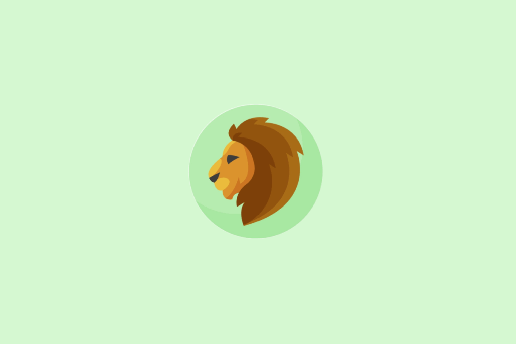 Ilustração estilizada em perfil da cabeça de um leão amarelo com uma juba marrom volumosa, inserida em um círculo verde-claro sobre um fundo verde ainda mais claro.