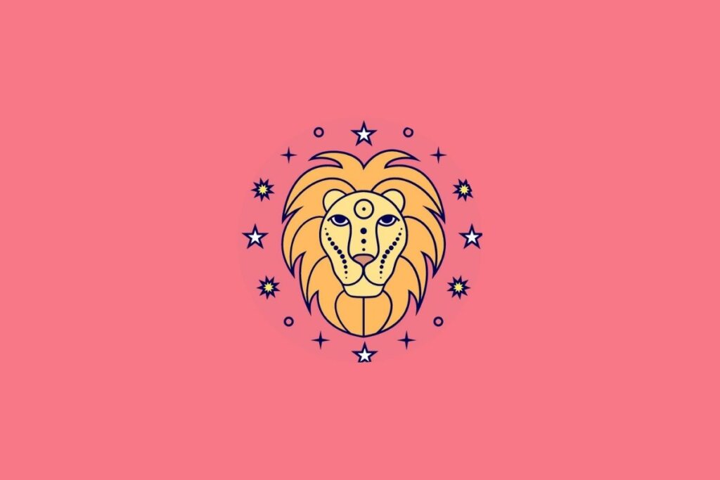 ilustração do signo de Leão em fundo rosa, com um desenho central que representa o leão de forma estilizada. A imagem tem um visual limpo, com traços suaves e aparência moderna, destacando o símbolo do signo de maneira elegante.