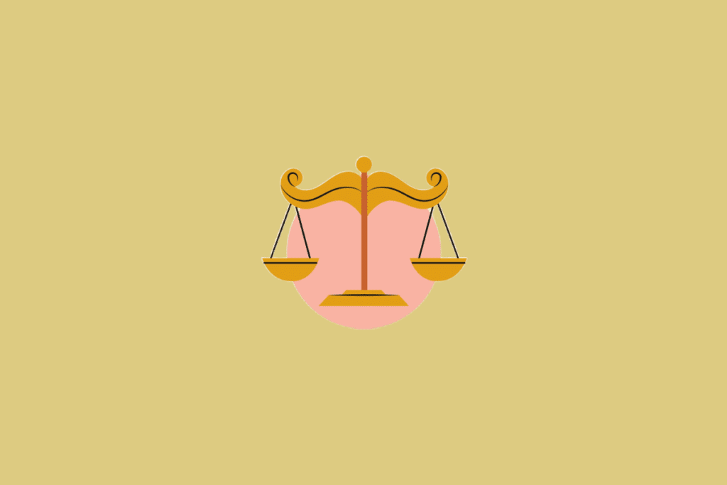 Ilustração estilizada de uma balança de dois pratos dourada e simétrica, inserida em um círculo rosa sobre um fundo amarelo-claro.