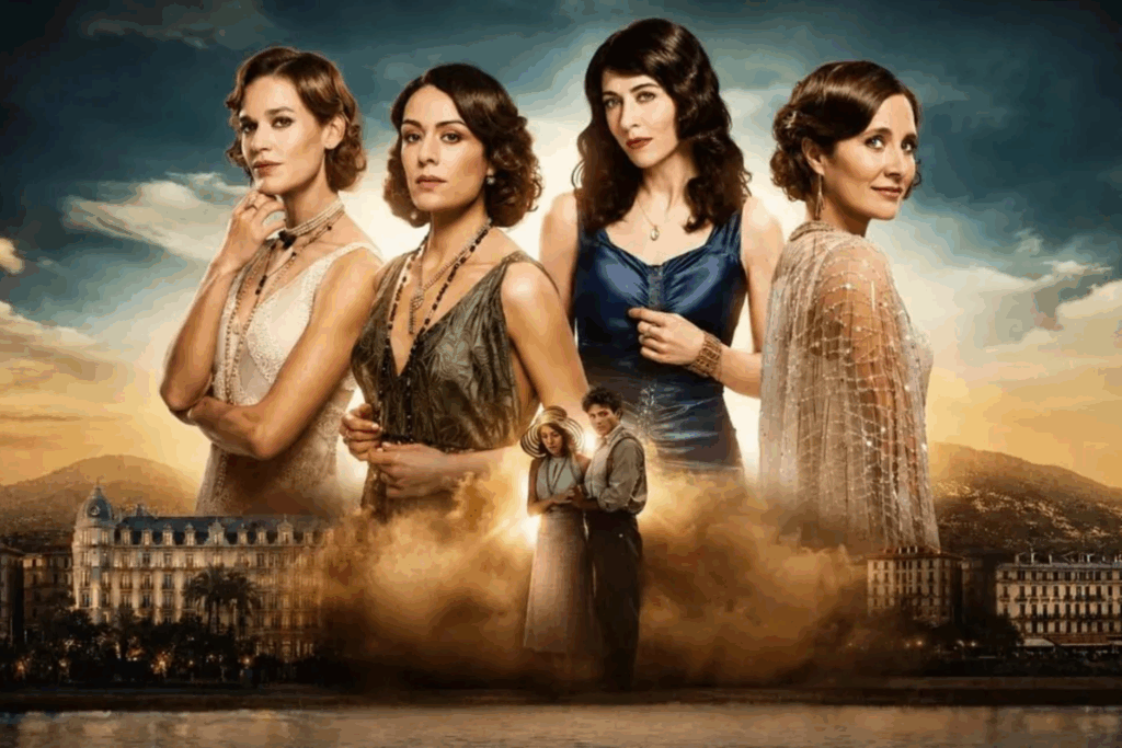 Cartaz exibindo quatro mulheres em primeiro plano, com um casal pequeno e uma paisagem litorânea ao fundo.