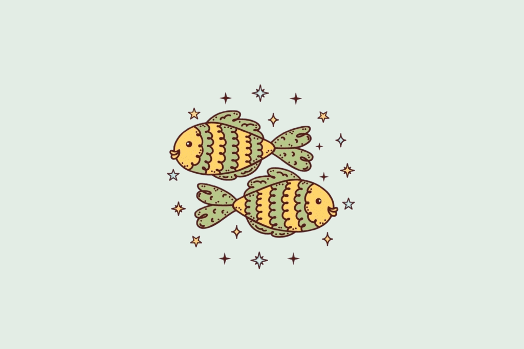 Uma ilustração simplificada do signo de Peixes, mostrando dois peixes fofos nadando em direções opostas, cercados por pequenas estrelas.