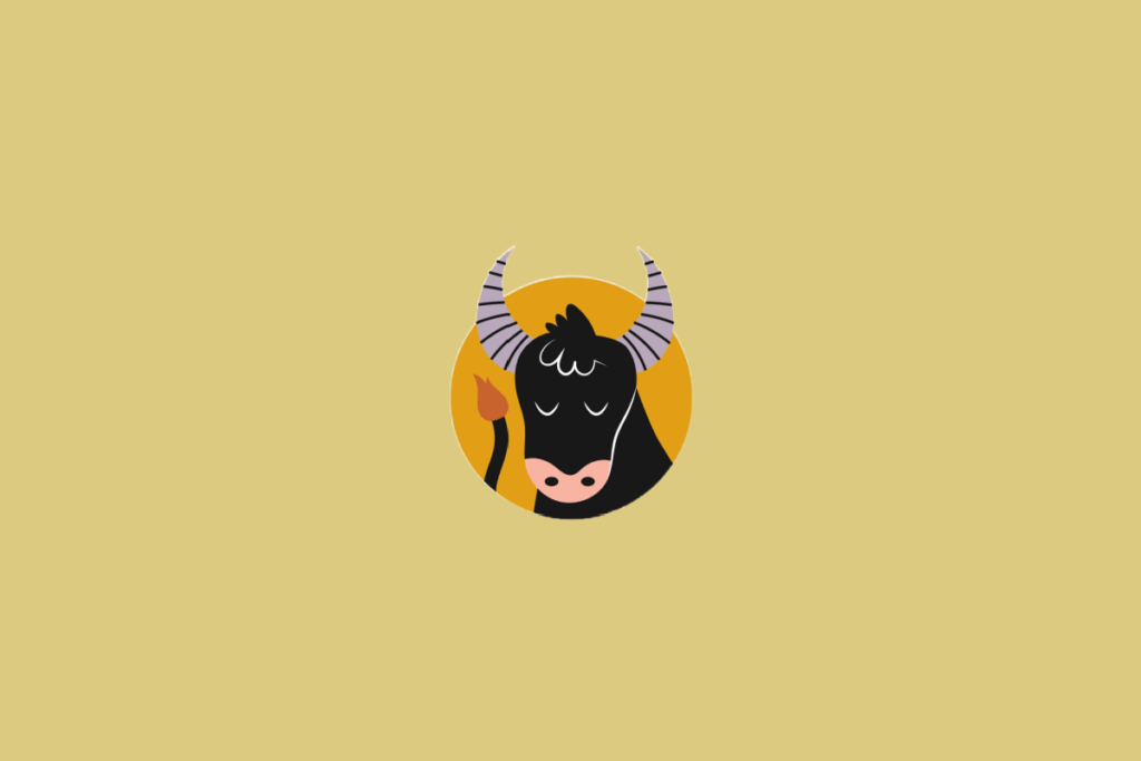 Ilustração estilizada da cabeça de um touro preto de olhos fechados com chifres listrados de cinza, inserida em um círculo laranja sobre um fundo amarelo-claro.