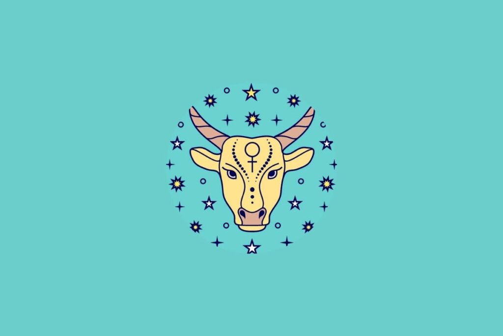 imagem com ilustração do signo de Touro posicionada no centro de um fundo azul claro. A arte representa o touro de forma estilizada, com linhas suaves e limpas, destacando os traços do animal de maneira simples, mas elegante.