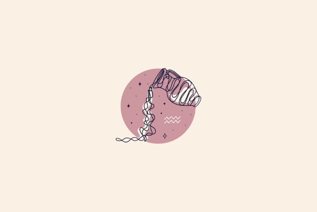 Desenho de uma ânfora dentro de um círculo rosa. Fundo bege e símbolo do signo de aquário acima