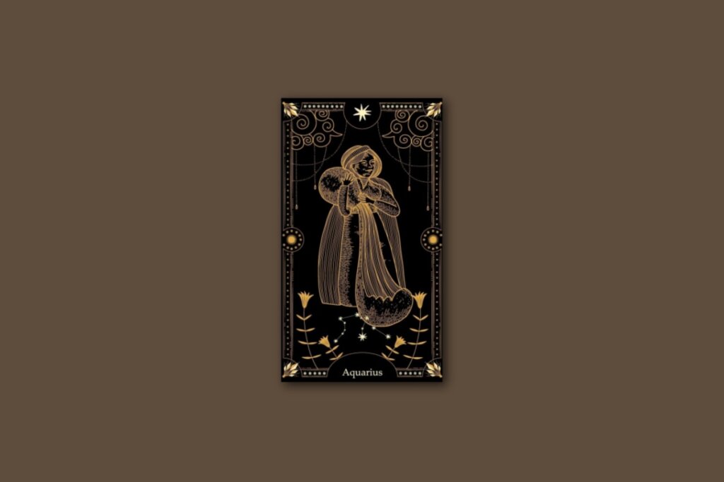 Ilustração de uma carta preta, com o desenho do signo e da constelação de aquário, com borda dourada e estrelas