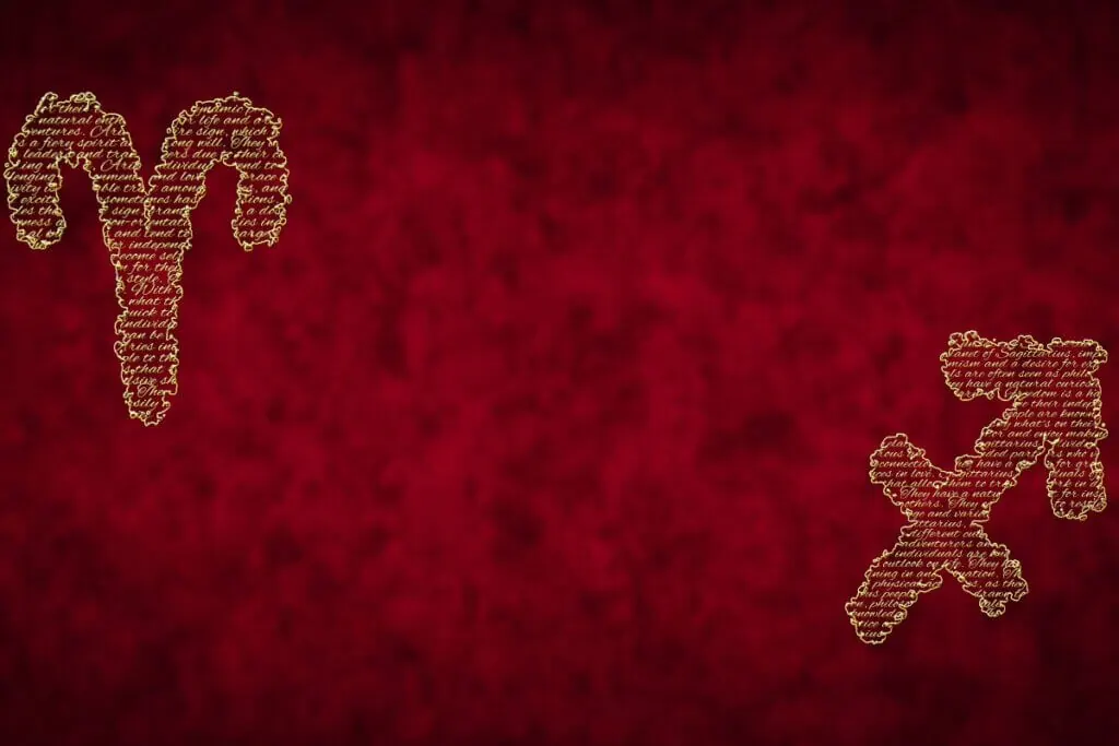 A imagem apresenta os símbolos dos signos de Áries e Sagitário em destaque sobre um fundo vermelho texturizado.