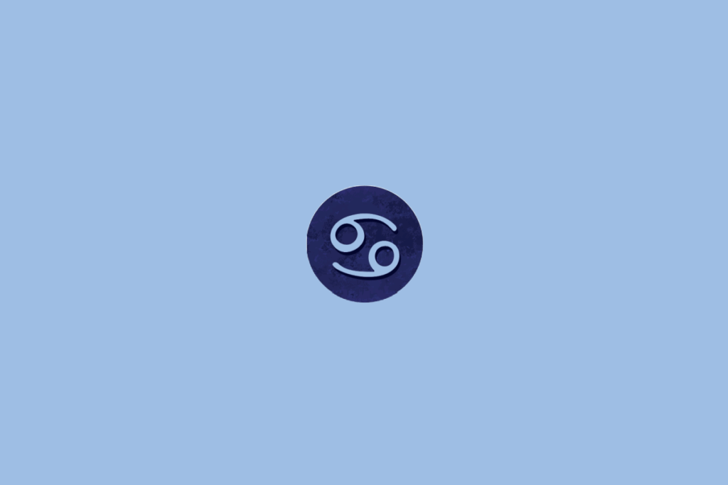 Círculo azul-escuro centralizado em fundo azul-claro. Dentro, o símbolo do signo de câncer e manchas escuras ao redor