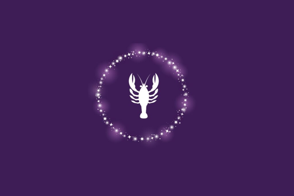 Ilustração do símbolo do signo de Câncer em branco, envolvido por pontos brilhantes em um fundo roxo