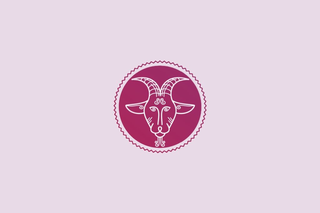 Ilustração de um círculo roxo com desenho de uma cabra no centro, representando o signo de capricórnio, sobre fundo lilás