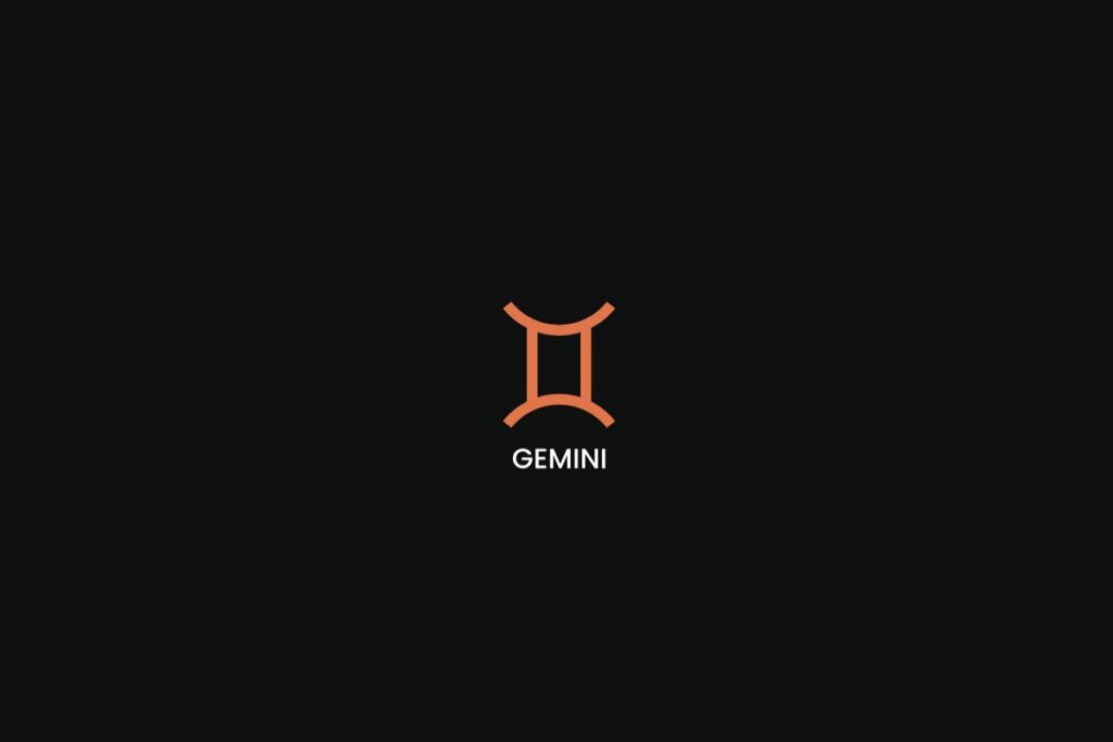Símbolo do signo de gêmeos na cor laranja, com o nome do signo embaixo, centralizado em um fundo preto