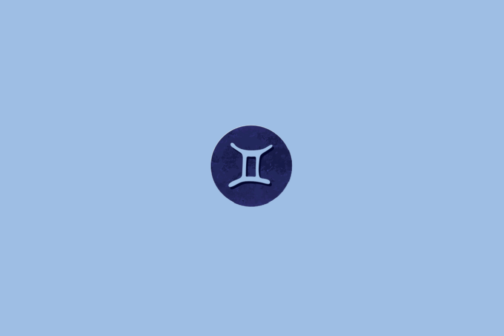 Círculo azul-escuro centralizado em fundo azul-claro. Dentro, o símbolo do signo de gêmeos e manchas escuras ao redor