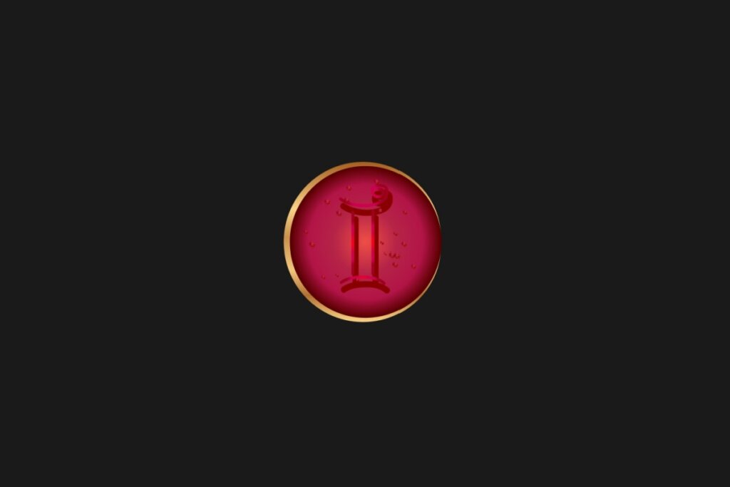 Ilustração do signo de Gêmeos, em um círculo vermelho com borda dourada, sobre um fundo preto