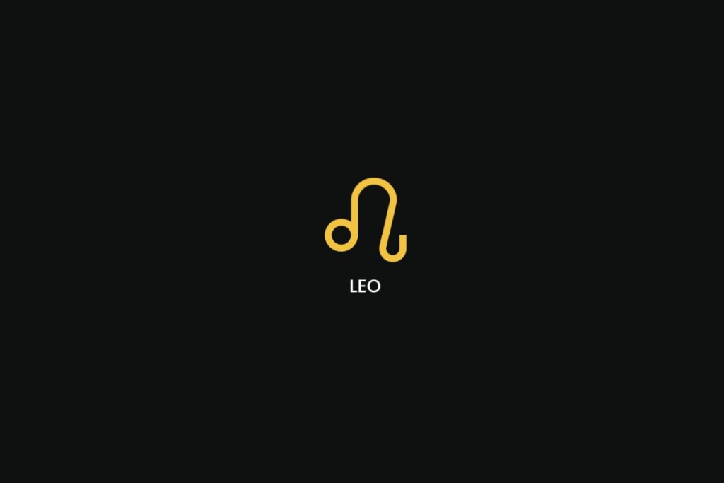 Símbolo do signo de leão na cor amarela, com o nome do signo embaixo, centralizado em um fundo preto