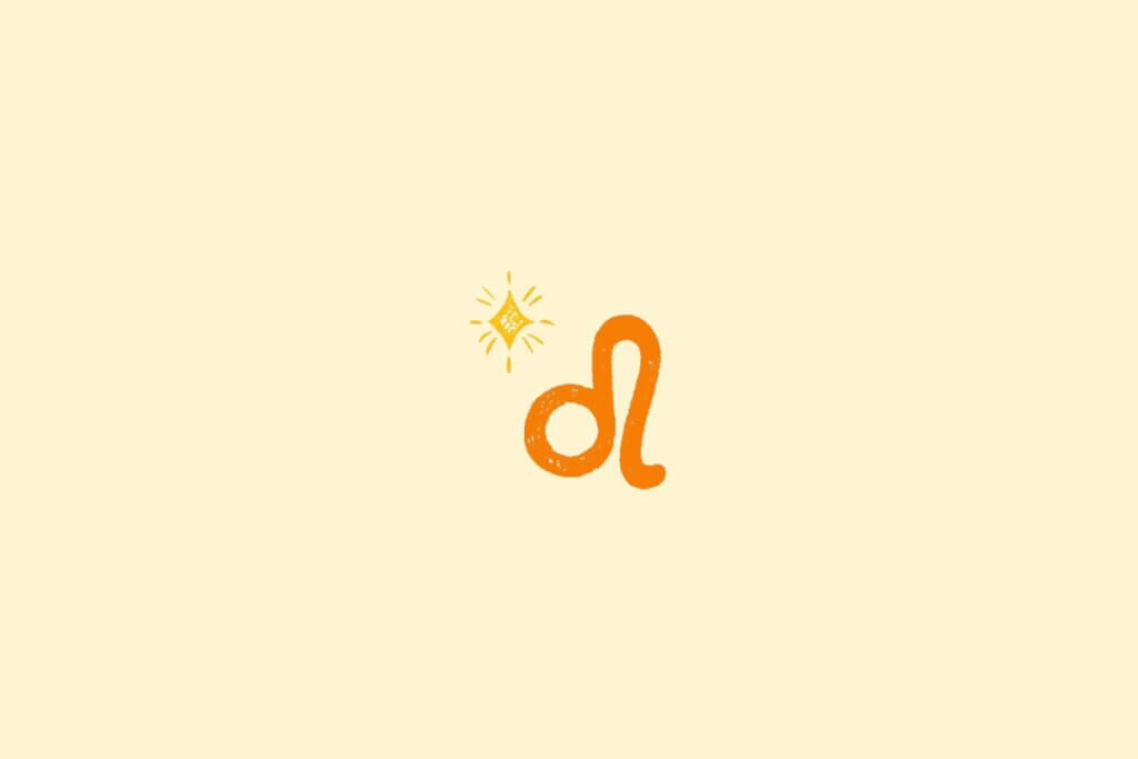 Ilustração do signo de leão na cor laranja, centralizado em um fundo amarelo, e rodeado por estrelas