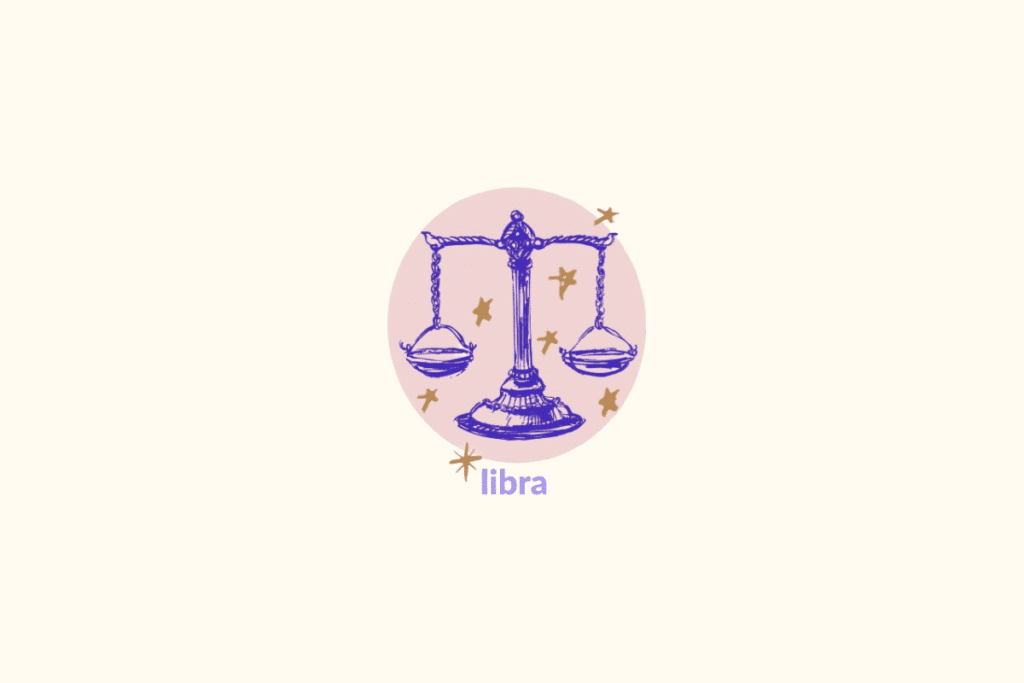 Ilustração de uma balança dentro de um círculo rosa representando o signo de libra. Nome do signo abaixo e estrelas douradas ao redor