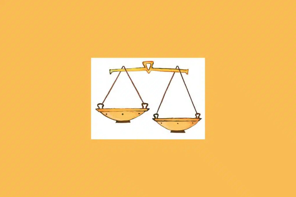 Uma ilustração simples de uma balança, representando o signo de Libra, sobre um fundo claro cercado por um tom alaranjado