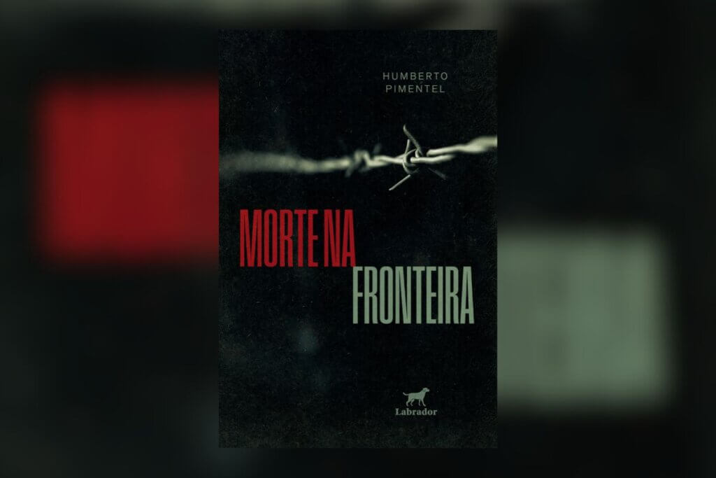 Capa de livro preta com o título e nome do autor escrito em vermelho e verde, com foco em um arame farpado 