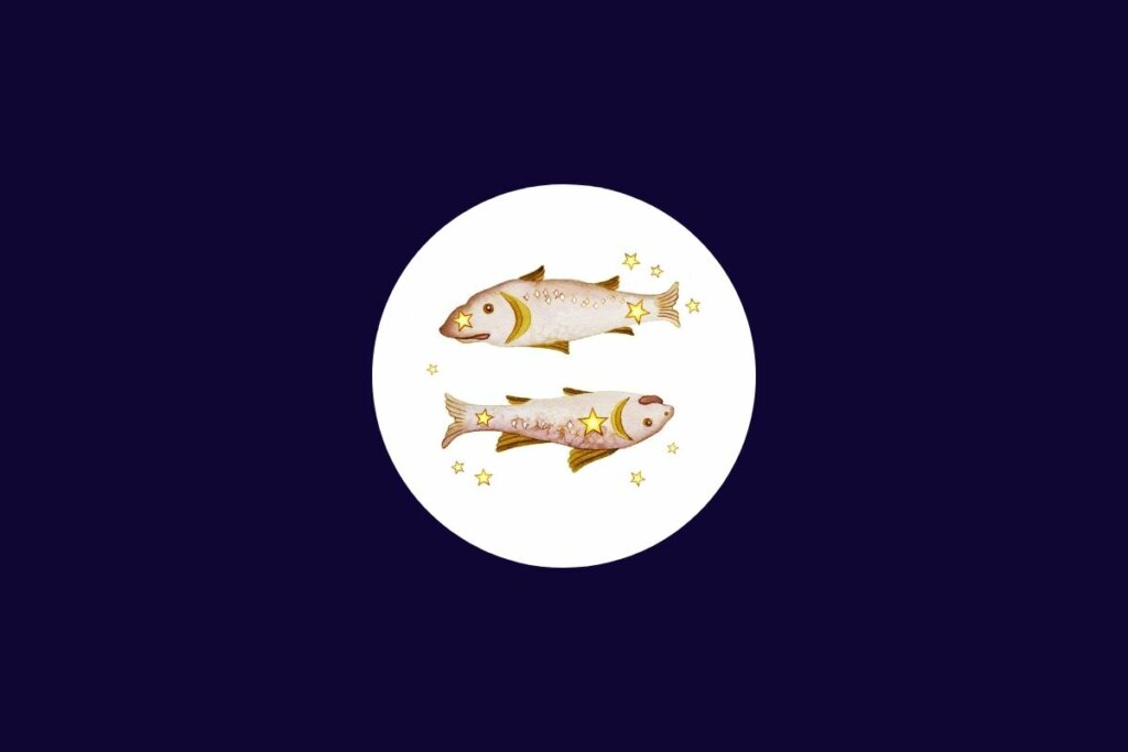 Ilustração do signo de peixes em tons de amarelo em um círculo branco sobre um fundo azul-escuro