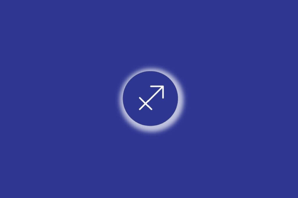 Ilustração do signo de sagitário em um círculo azul, com luz branca ao redor, sobre um fundo azul