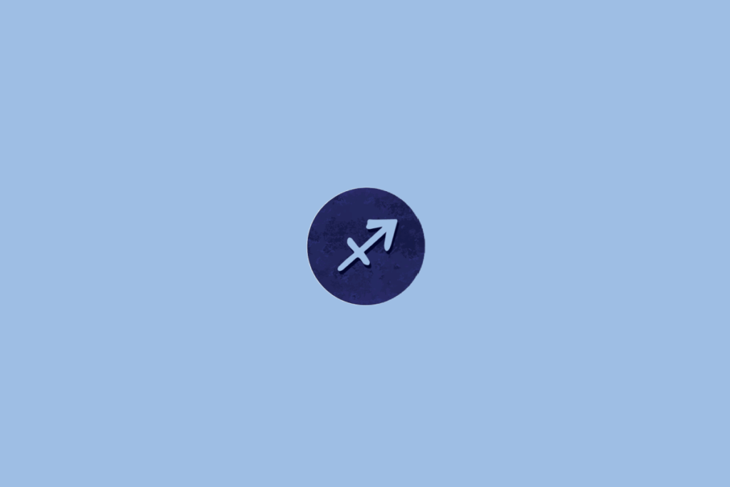 Círculo azul-escuro centralizado em fundo azul-claro. Dentro, o símbolo do signo de sagitário e manchas escuras ao redor