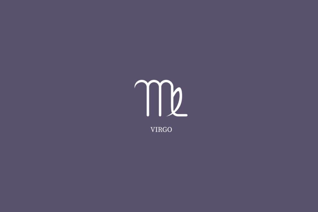 Ilustração do signo de virgem, na cor branca e com o nome embaixo, centralizado em um fundo roxo