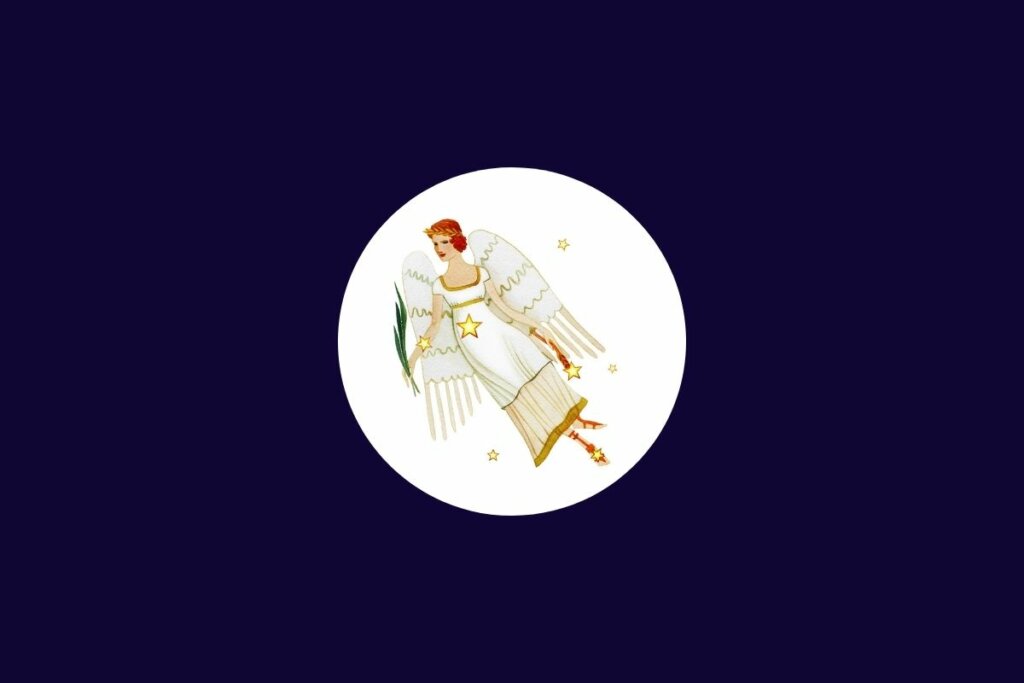 Ilustração do signo de virgem em tons de bege, branco e laranja em um círculo branco sobre um fundo azul-escuro